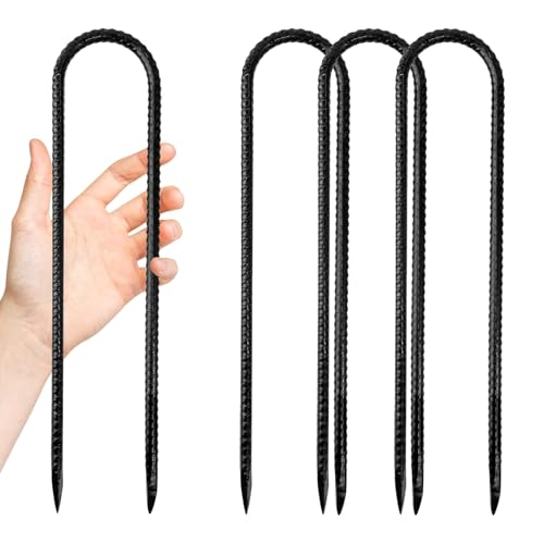 Anothera 4 Pack Steel Rebar Stakes, 12-Inch Heavy Duty U Hook Metal Fence Stake, Rustproof Ground Hooks Anchors for Tents, Plants, Fences and Trampolines