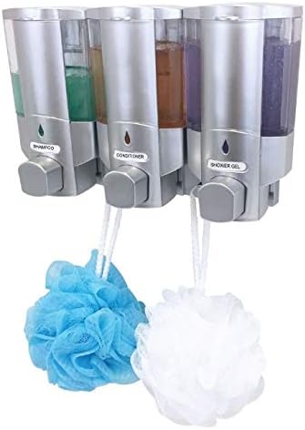 Valet 3 Chamber Wall Mounted Shampoo & Soap Dispenser with Integrated Hooks & 2 Bonus Sponge Loofahs – Holds Shampoo, Conditioner and Shower gels (Satin Nickel)