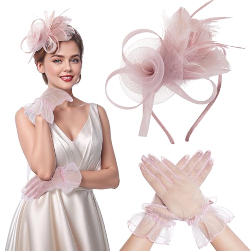 Jmkcoz Fascinators Hat for Women Cocktail Wedding Tea Party Headwear Gloves Flower Mesh Feathers Headband Clip (Pink)