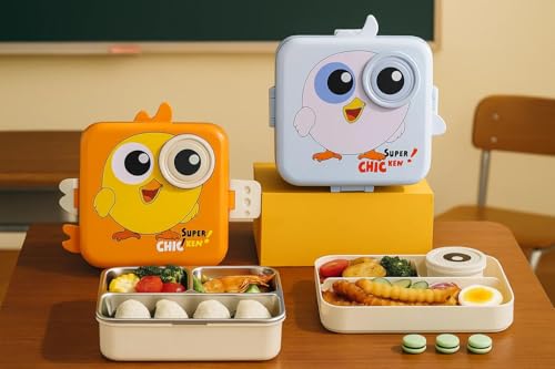 Image of ExtraCharm 3 Compartment Stainless Steel Tiffin Box - Insulated, Leak-Proof & BPA-Free Bento Box with Tray, Spoon & Container for School, Office, Travel - 1120ml + 70ml, Orange