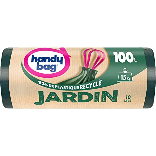 Handy Bag - Bolsas de basura para jardín, 100 x 10 bolsas, ultra resistente: soporta hasta 15 kg. Película de triple grosor. Asas deslizantes prácticas. Impermeabilización máxima - 100% plástico
