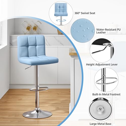 Image of Yaheetech Bar Stools Set of 2, Adjustable PU Leather Swivel Barstools, Modern Counter Stools with Back and Footrest, Counter Height Barstools for Bar, Kitchen, Dining Room, Blue