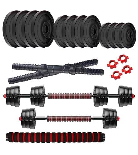 Image of Amazon Brand - Symactive PVC 26 Kg 3-in-1 Convertible Dumbbells Fitness Kit | (1 Kg x 4 + 2.5 Kg x 4 + 3 Kg x 4 PVC Weight, 14'' Dumbbell Rods Pair & Nuts, 1 Cushioned Connector Rod) | Multicolor