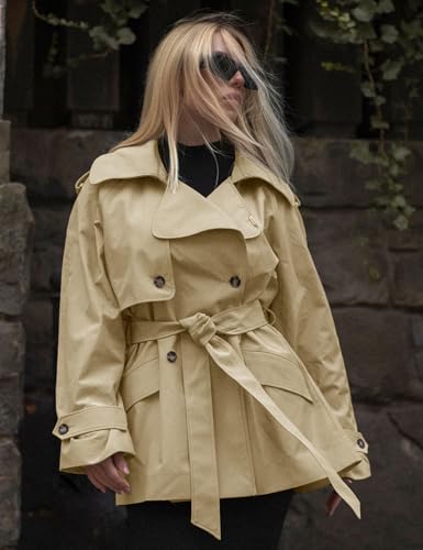 Lingswallow Cropped Trench Coat for Women Double Breasted Lapel Short Jacket Crop Coats with Belt4