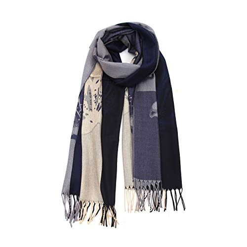 LANSILK - Bufanda de seda para mujer - Elegante, lujosa, grande y liviana bufanda de Pashmina de seda, bufanda de cachemira, bufanda de cuello selección (Lily Solitary in Navy Blue Silver)