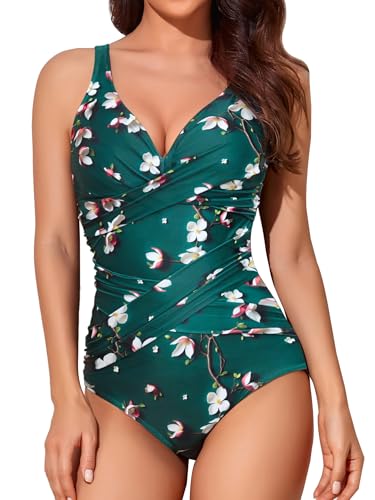 Image of Smismivo Tummy Control Swimsuits for Women Slimming One Piece Bathing Suit Retro Ruched Push Up Vintage Padded Swimwear