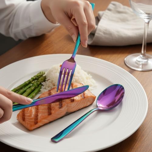 Image of 10 Pcs Rainbow Cutlery Set for Dining Table the Perfect Mirror Polish Hevy Duty Tableware Including Dinner Spoon, Dinner Fork, Dinner Knife, Dessert Spoon & Dessert Fork