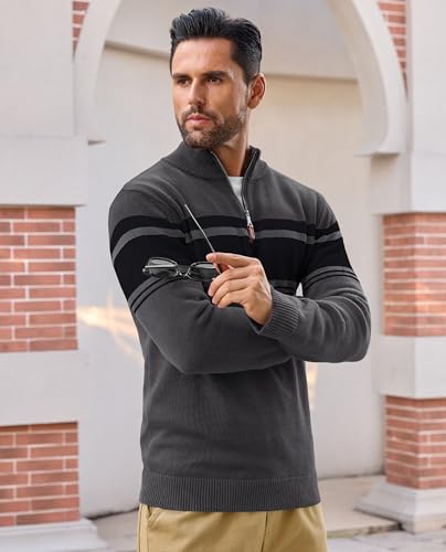 EKLENTSON Men's Quarter Zip Pullover Sweater Striped Knitted Turtleneck Pullover Winter Golf Sweater3