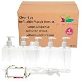 BAIRE BOTTLES - 8 OZ CLEAR PLASTIC REFILLABLE BOTTLES with WHITE LOTION PUMPS - ORGANIZE Soap, Shampoo, Lotion with a Clean, Clear Look - PET, BPA Free - 6 Pack, BONUS 6 FLORAL LABELS