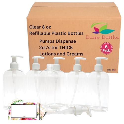 Baire Bottles 8 oz Empty Refillable Plastic Pump Bottles Dispenser 6 Pk, PET BPA Free, Refillable for Thick Shampoo Lotion Soap - Waterproof Labels USA (Clear with White Lotion Pump, Floral Labels)