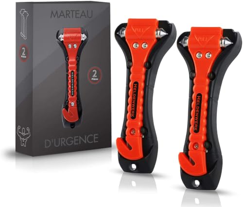 Heldenwerk Marteau d'urgence pour voiture [Lot de 2] &ndash; Marteau d'urgence avec coupe ceinture & Pointes renforc&eacute;es