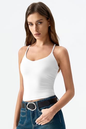 Image of QINSEN Womens Cross Back Tank Top V Neck Double Lined Camisole Top Sleeveless Spaghetti Strap Going Out Tops