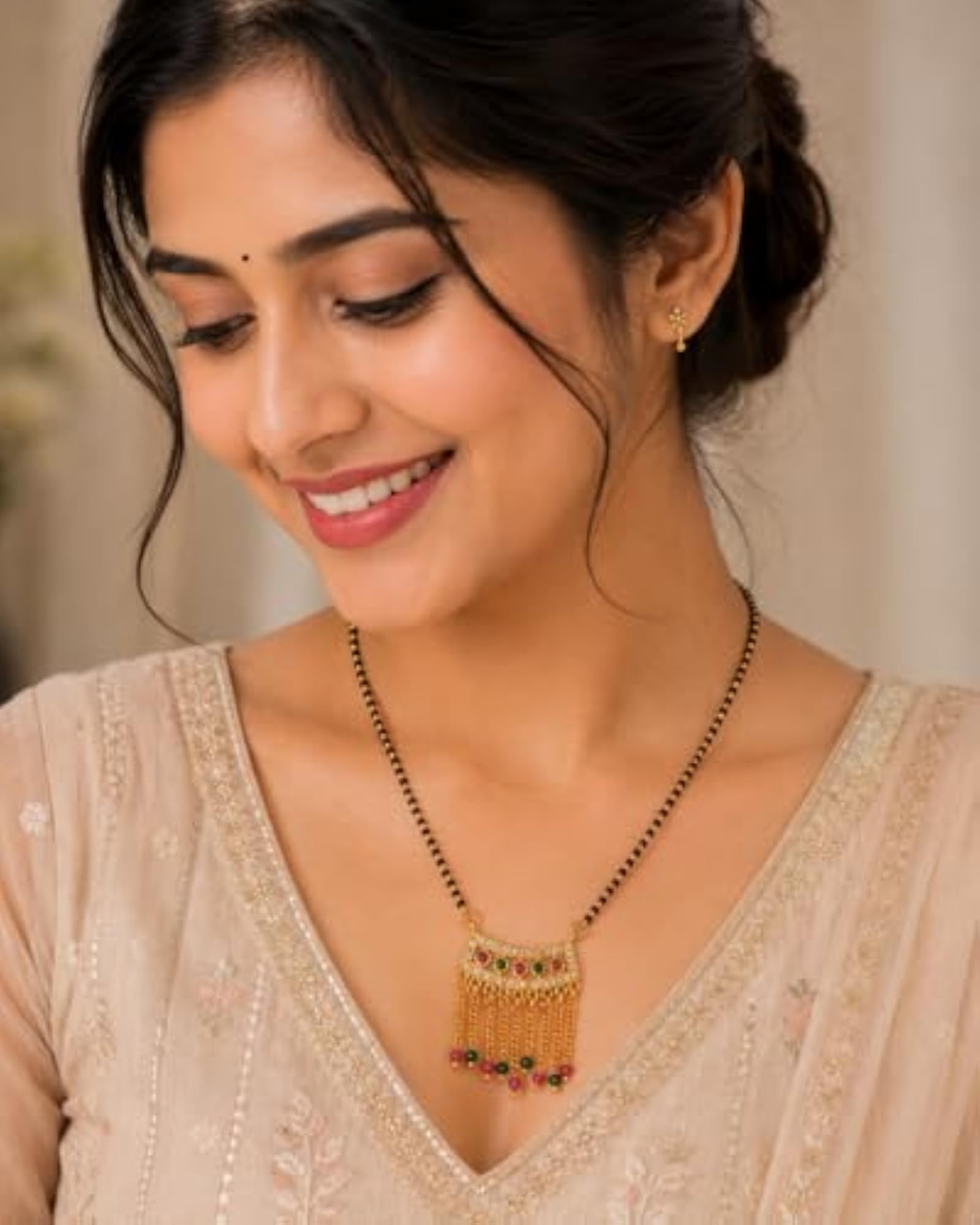 Women's Floral Design Gold Plated Mangalsutra Pendant Necklace