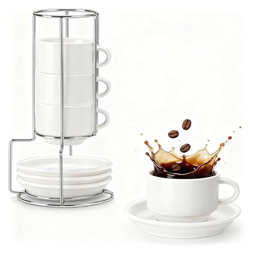 Liwein Set of 4 Espresso Cups with Saucers and Spoons, 100 ml Espresso Cups Set with Stand, Mocha Cups, Coffee Cups for Espresso, Latte