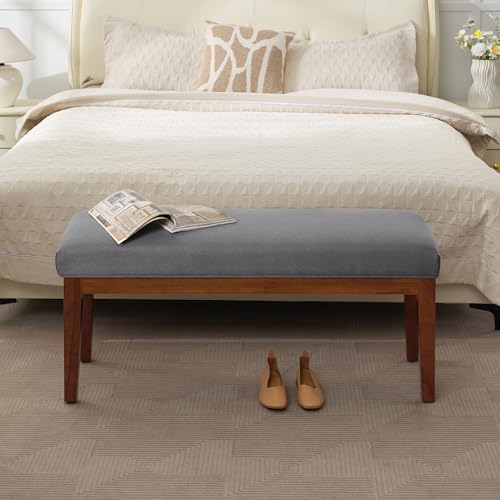 Image of WUTUTUEE 43.5'' Linen Bedroom Bench, Upholstered End of Bed Bench, Padded Vintage Dining Bench, Entryway Bench with Solid Wood Legs, Kitchen, Living Room, Hallway, Dark Grey