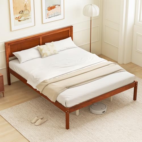Image of GIANTEX Queen Wood Platform Bed Frame with Headboard, Mid Century Queen Bed Frame with Wood Slat Support, Solid Wood Foundation with 16 inch Under Bed Storage, No Box Spring Needed, Easy Assembly