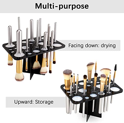 QUMENEY 28 Hole Makeup Brush Drying Rack & Cleaning Mat - Foldable Acrylic Brush Holder - Black & Pink, Black, Pink - Image 2