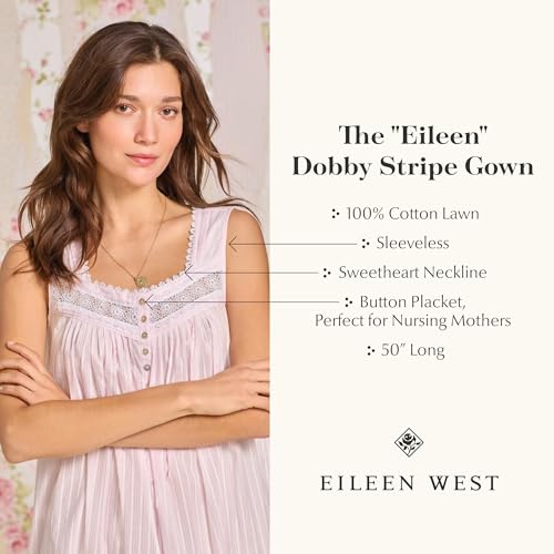Image of Eileen West Sleepwear & Loungewear for Women - Dobby Stripe Collection - 100% Cotton Lightweight Breathable Long Nightgown