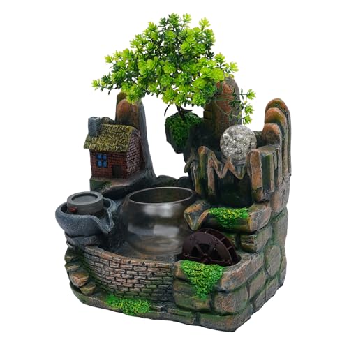Fuente pequeña con iluminación, fuente de mesa, habitación, cascada, cuenca de agua con cristal, rueda Feng Shui, atomizador, 30 x 20 x 36 cm