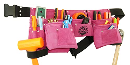 Graintex Ds1118 8 Pocket Pink Tool Belt In Suede Leather With 2” Webbing Belt, 2 Leather Hammer Holders Loops #TOP4
