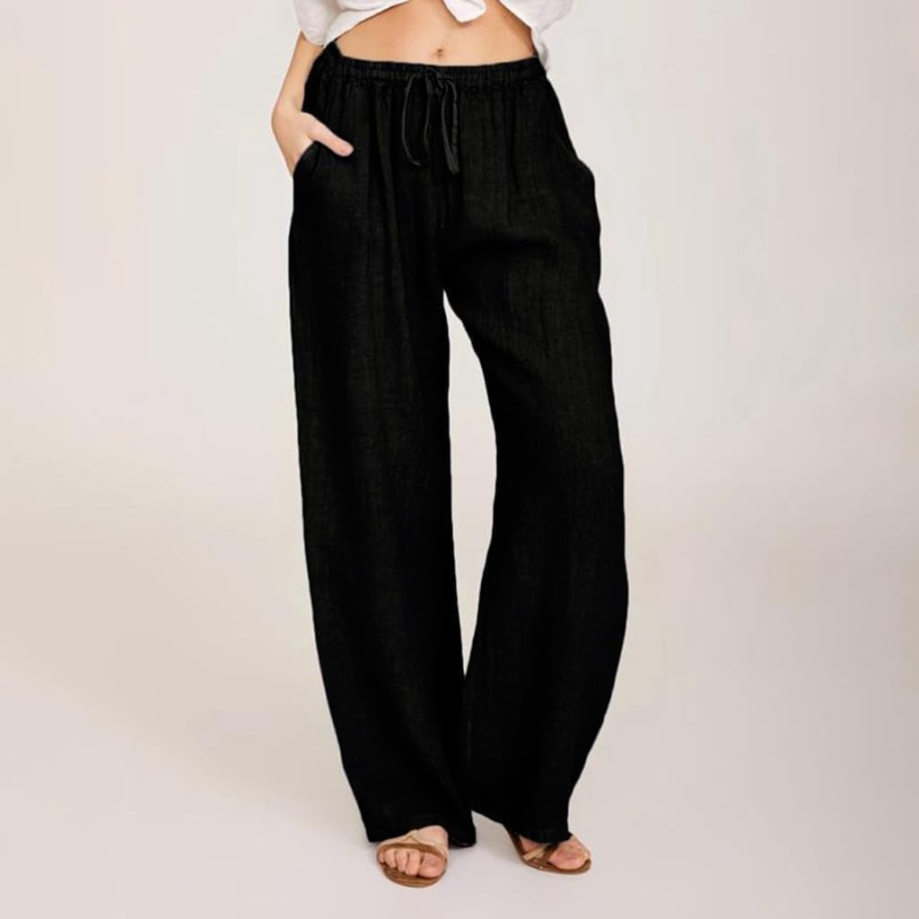 Womens Linen Pants 2026 Trendy Straight Leg Wide Leg Trousers with Drawstring for Casual Lounge Beach - Image 2