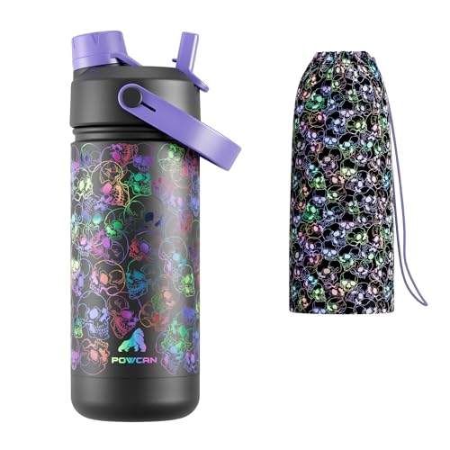 18 oz Insulated Water Bottle for Kids: Glow-in-the-Dark, 2-in-1 Straw Spout Lid, Leakproof, BPA-Free, Keep Cold 24H, Stainless Steel Cup with Carrier Bag for Party, Holiday, Gift (Luminous Souls)