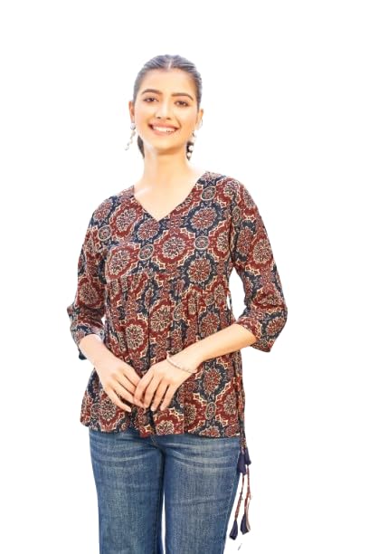 apurva art Ajrakh Print Casual Tunic Top, V-Neck, 3/4 Sleeves, Regular Fit, Office Wear-picture-33