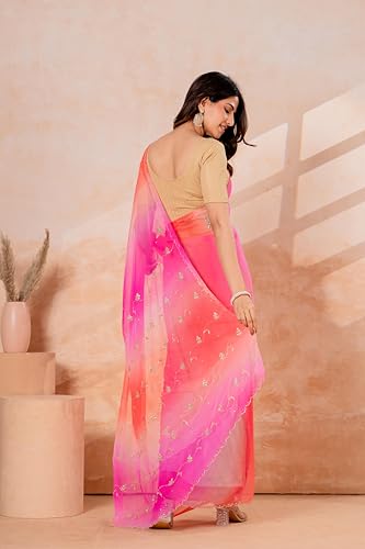 Image of Ombre Saree with Sequin Embroidery for Women | Pink Orange Gradient Saree | Wear, Festive and Occasion Saree with Blouse Piece | Pink | Pack of 1