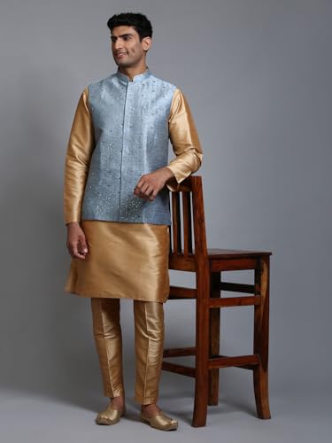 Image of VM Men's Grey And Cream Silk Blend Jacket, Kurta and Pyjama Set