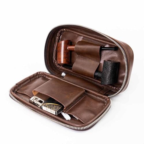 Estuche de cuero genuino para tabaco y pipa de madera hecho a mano