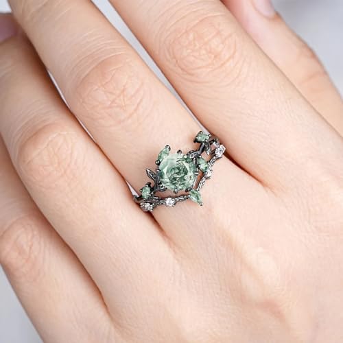 Round Cut Moss Agate Engagement Ring Set for Women 1.5Ct Natural Moss Agate Wedding Ring Set Sterling Silver 10K 14K 18K Gold Bridal Rings Set Size 4-124
