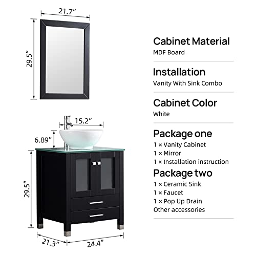 Bathjoy 24" Black Wood Bathroom Vanity Cabinet Round Bowl Ceramic Vessel Sink Combo Countertop Sink Set Faucet Drain W/Mirror #TOP1