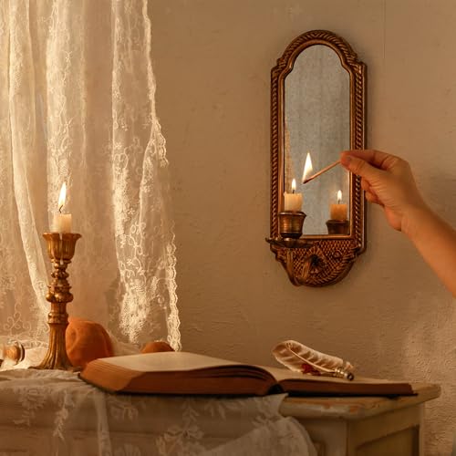 SOFFEE DESIGN Vintage Gold Wall-Mounted Candle Sconce with Mirror - Floral Base & 3D Woven Texture for Bathroom, Dining Room, Entryway by SOFFEE DESIGN - Image 2