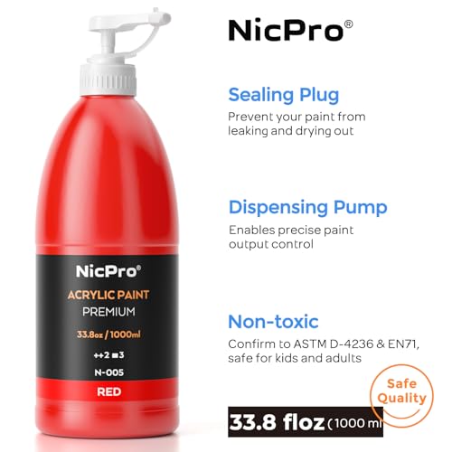 Nicpro 14 Colors Large Bulk Acrylic Paint Set (33.8 oz, 1000 ml) Rich Art Painting Supplies, Non Toxic for Multi Surface Canvas Wood Leather Fabric Stone Craft, for Kid & Adult with Pump, Color Wheel