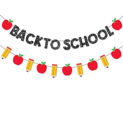 FHGG Pre-Strung Welcome Back to School Decorations Banner Black Glitter First Day of School Garland Pencil Apple for Classroom Teacher Office Home Decor Photo Backdrop Party Favors NO DIY
