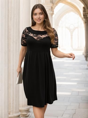 Plus Size Dresses for Curvy Women, See Through Lace Panel Semi-Formal Business Casual Work Dress A-Line Midi Dress2