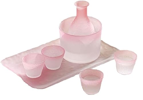 HOHOUNCSY ガラス酒器セット 冷酒セット 徳利 盃 セット徳利酒コップ 磁器 日本酒用 グラス 和食器 和風 おしゃれ シンプル 透明 酒器 居酒屋 家庭用 父の日 結婚祝い 還暦祝い 退職祝い 誕生日 男性 プレゼント (ピンク,7点セット-ガラ