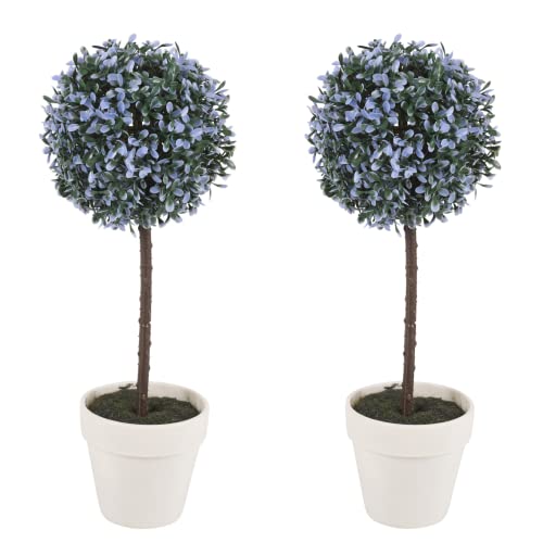 URBNLIVING Artificial Topiary Ball Box Tree Plant Set of 2 with Pot, 42 cm Large, Blue