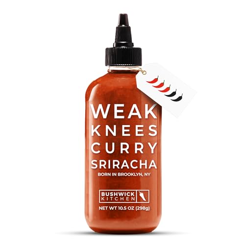 Weak Knees Curry Sriracha Hot Sauce | 10.5 Ounce Easy Squeeze Bottle | Classic Sriracha mixed with Korean Gochujang Chili Paste 