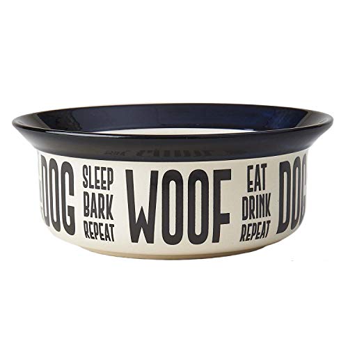 PetRageous 17001 Eat Drink Repeat Two-Tone Stoneware Dishwasher Safe Dog Bowl 4-Cup 8-Inch Diameter 3.75-Inch Tall for Medium and Large Dogs and Cats, Off-White