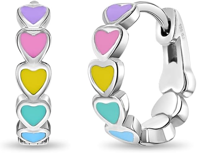 925 Sterling Silver Tiny Enamel Heart Huggie Hoop Earrings For Girls – Small Multicolored Heart Themed Hoops For Sweet Little Girls – Lovely Enamel Heart Earrings For Girls 925 Sterling Silver Tiny Enamel Heart Huggie Hoop Earrings For Girls – Small Multicolored Heart Themed Hoops For Sweet Little Girls – Lovely Enamel Heart Earrings For Girls