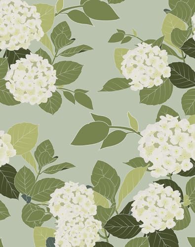 HomKihapai Floral Peel and Stick Wallpaper Self Adhesive Hydrangea Wall Paper French Country Cream Stick on Wallpaper for Bedroom Wall Decor Elegant Mural (Green Hydrangea 118 X 17.4)