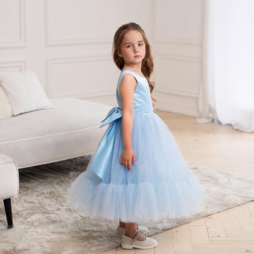MCieloLuna Tulle Flower Girl Dresses for Wedding O-Neck Princess Party Gown Satin First Commnion Dress with Bowknot2