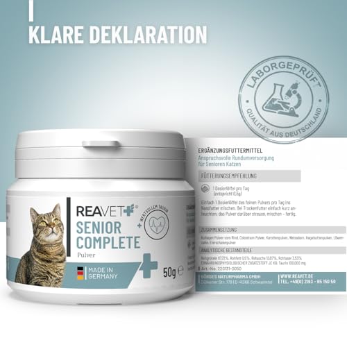 ReaVET Senior Complete Pulver für ältere Katzen – zur Unterstützung der Herzfunktion, Vitalität & Beweglichkeit I Ergänzungsfuttermittel für Seniorenkatzen – mit Taurin, Kollagen & Colostrum 50g