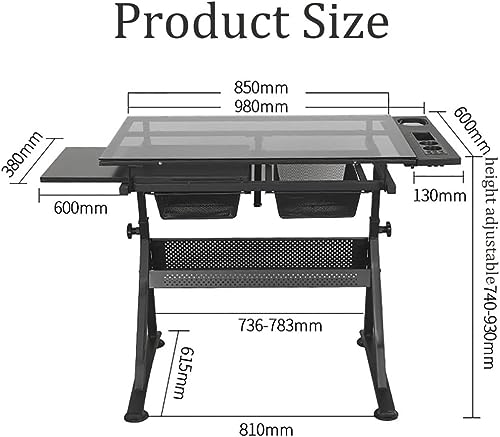 Folding Art Desk/Drafting/Drawing Table/Craft Desk with Adjustable Height 74-93Cm, 2 Drawers and 0-80° Tiltable Tabletop