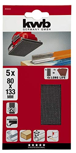 kwb Gitterleinen Schleif-Papier Schleifgitter-Scheibe für Nass- und Trocken-Schliff, f. Schwing-Schleifer 80 x 133 K-220, aus Fiberglas, gelocht m. Klett, 5 Stk.