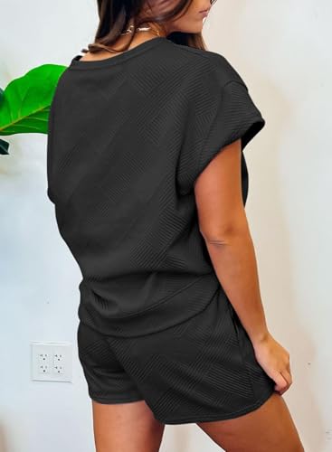 Image of Eytino Women Plus Size 2 Piece Outfits Sweatsuit Short Sleeve Pullover Tops and Drawstring Shorts Pants(1X-5X)