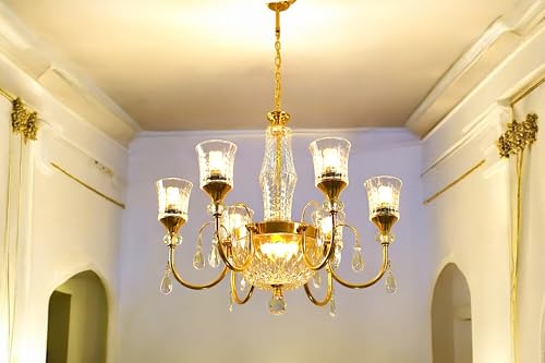 Image of Prop It Up Crystal Glass Chandelier, 6+1-Light Gold Finish, Elegant Pendant Ceiling Light with Decorative Drops, Without Bulb