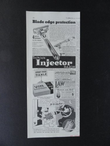 3-in-one oil/Schick Injector Razor/Vicks cough drops, print ad. 5 1/2" X 13 1/2" Illustration (3 ads.on one page)Original 1934 Collier's Magazine Print Art.