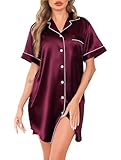 Vlazom Women's Satin Nightshirt Button Down Silk Nightdress Short Sleeve Nighties Boyfriend Sleepshirt Notch Collar Sleepwear Burgundy,M